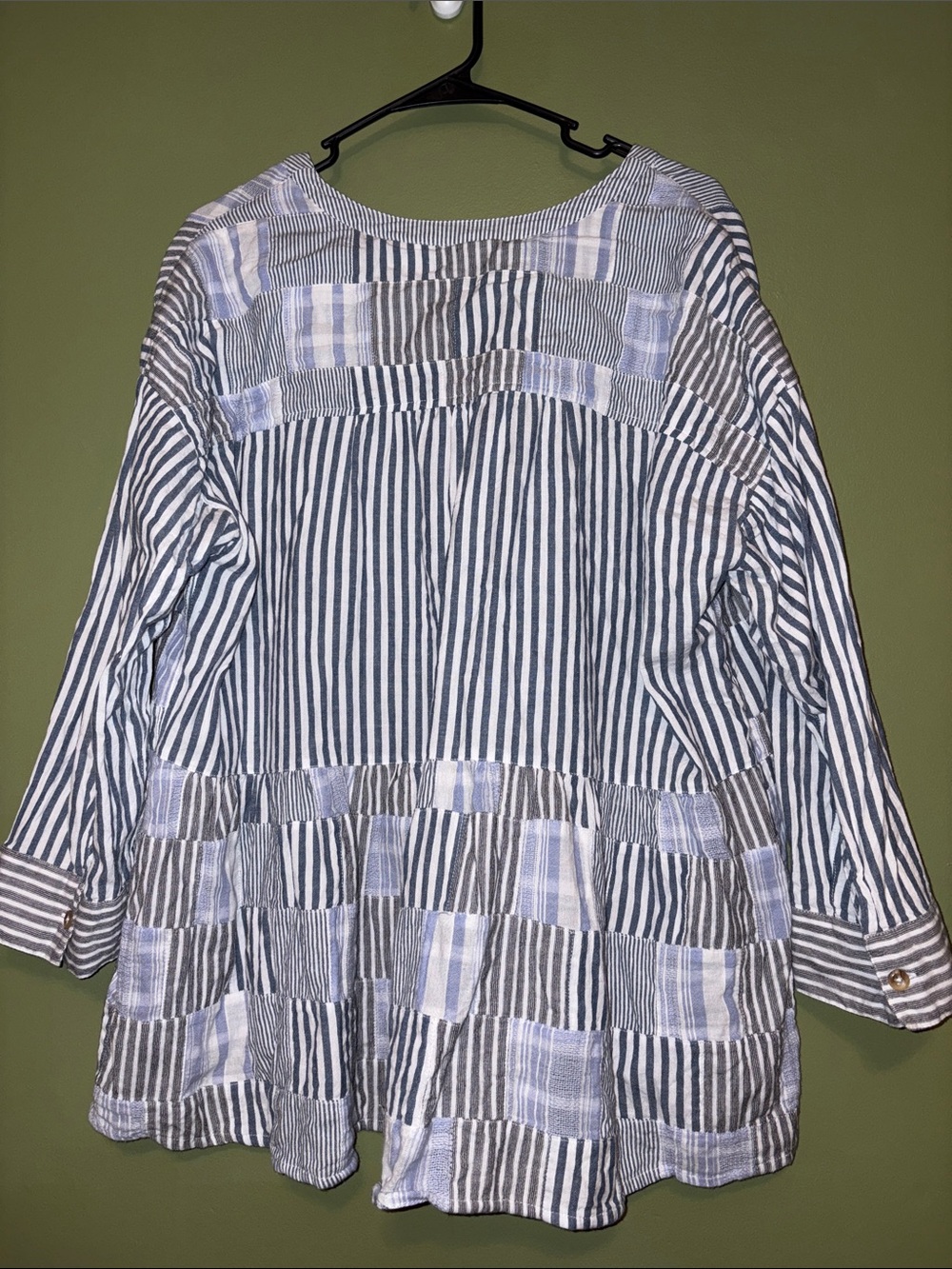 Anthropologie Blue and White Patchwork Stripe Button V-Neck Blouse - Picture 3 of 5